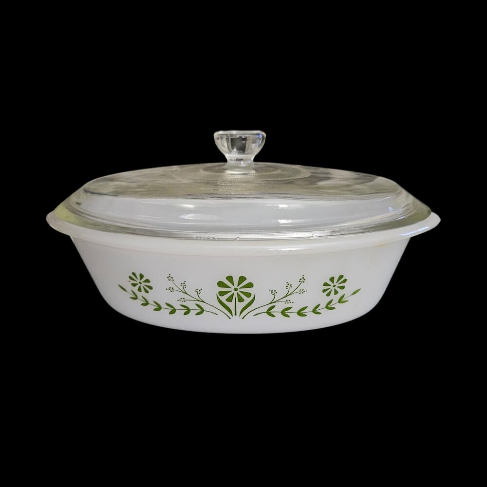 Corning Ware Green Floral 1 Qt Casserole Dish w/ Glass Lid Vintage Milk Glass